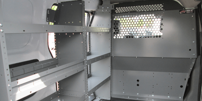 Nissan NV200 Pest Control Upfit with Adrian Steel Shelving and Partition Inside View
