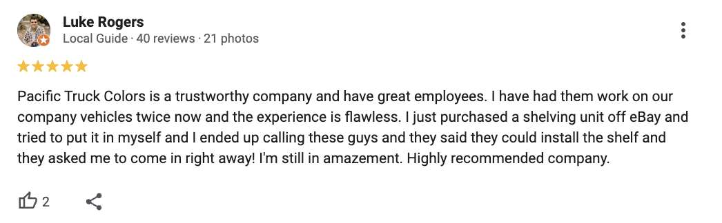 PTC Upfitting Google Review